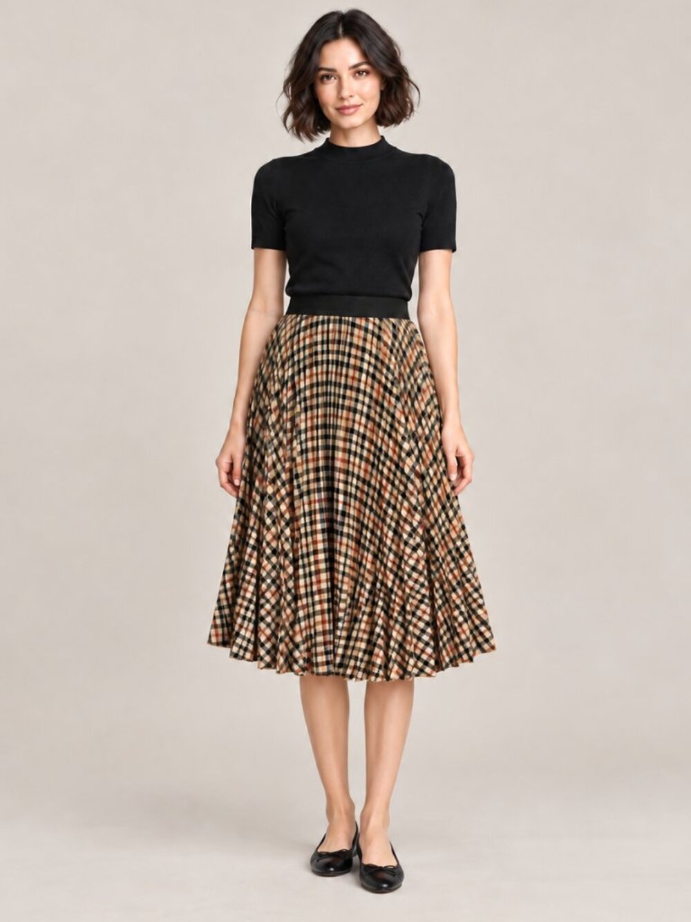 Belle Vere Plaid Pleated Skirt Academia Preppy Midi Tan Beige Black Size 6